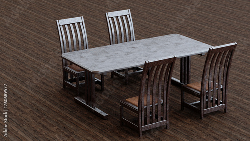 A set of a table and four high-back chairs placed on a wooden floor. 3D Render 