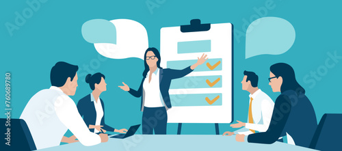 Presentation, education, learning. Checklist. Business illustration. The business team listens to the teacher.
