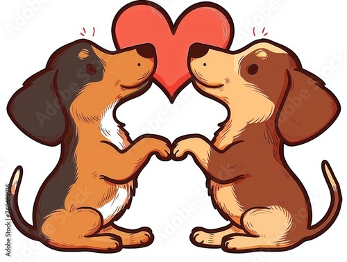 A couple of dogs holding hands in front of a heart.