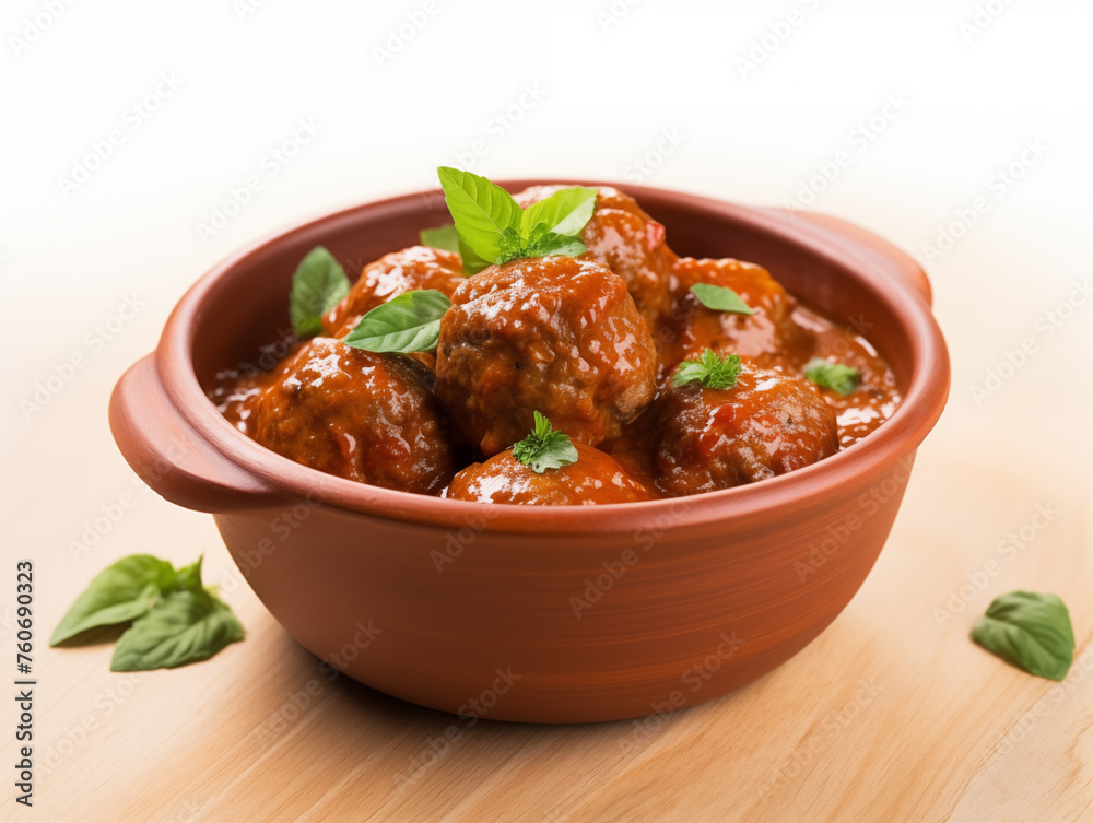 Clay pot filled with meatballs, topped with green garnish, placed on a wooden table Clay pot filled with meatballs, topped with green garnish, placed on a wooden table