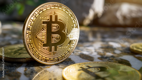 Bitcoins on the table, blockchain technology