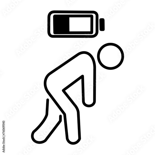 tired person icon, exhausted or exhausted, battery energy shortage, low cost, workplace burnout, stress, thin line symbol on a white background - editable stroke vector illustration