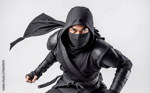 Japanese ninja assassin warrior with black outfit and mask on white background
