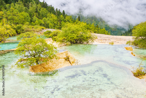 Huanglong colorful pond and spruce trees in Sichuan, China photo