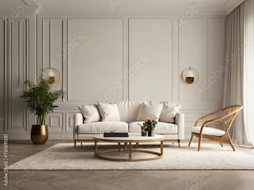 living room interior mockup, modern furniture and decorative arch with trendy dried flowers with white sofa and armchair on the White Background