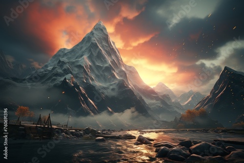 Snowy mountain peaks with bright sun rays