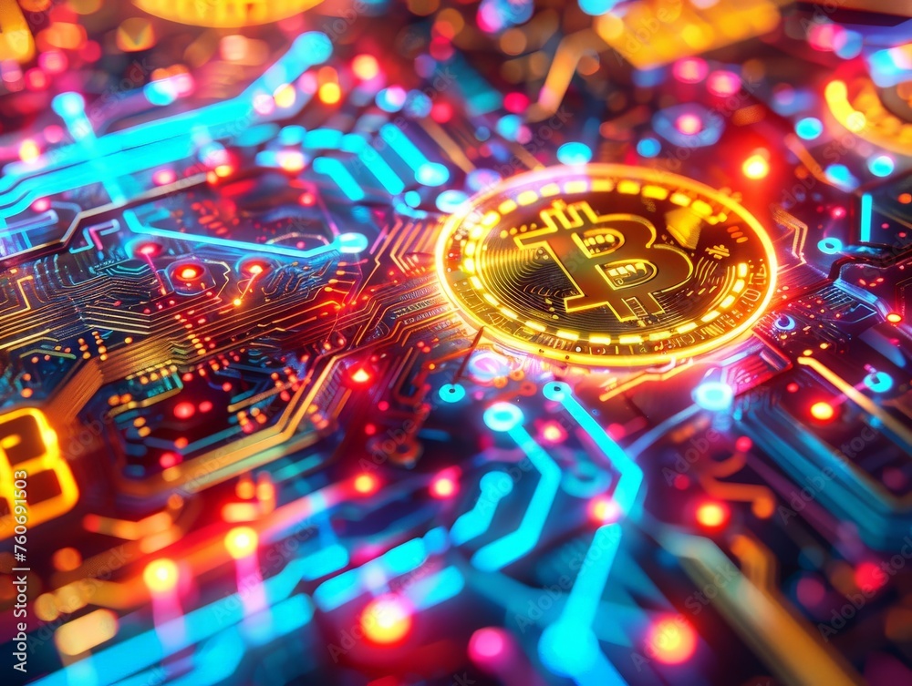 Fototapeta premium Bitcoin Circuitry: A glowing Bitcoin coin rests on a vibrant, intricate circuit board, symbolizing the digital currency's technological foundation and global reach. 