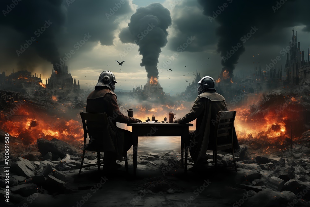 Two people in gas masks playing chess
