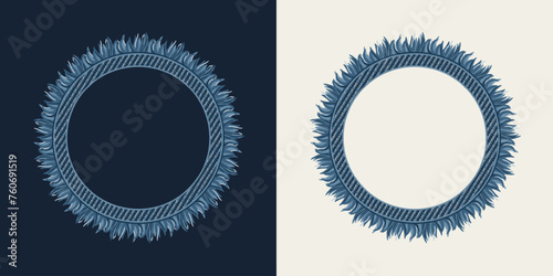 Circular frame in denim style with fringe, topstitching. White, dark background. Vintage style.