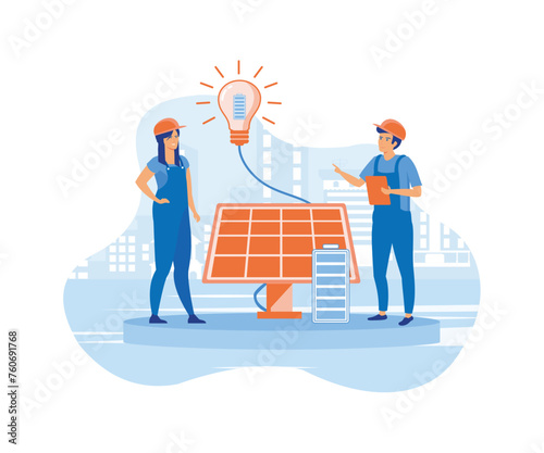 Solar energy panel installation. Field worker and project manager demonstrated system. Sustainable development. flat vector modern illustration
