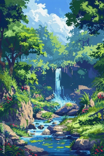 Pixel art of waterfall nature landscape, 8-bit, video game, phone wallpaper © Jira