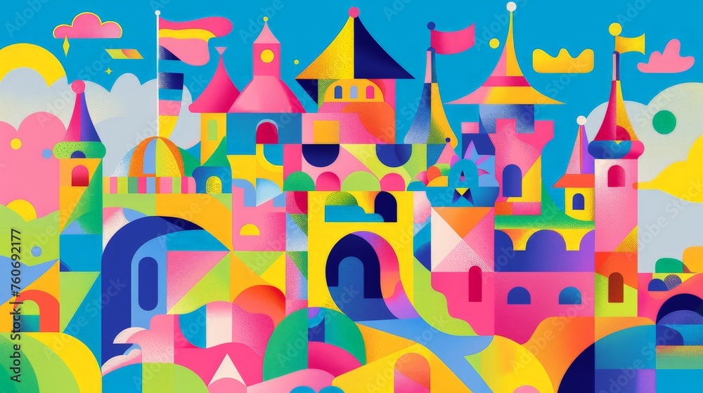 Fantasy Castle Birthday Party Illustration with Colorful Splashes