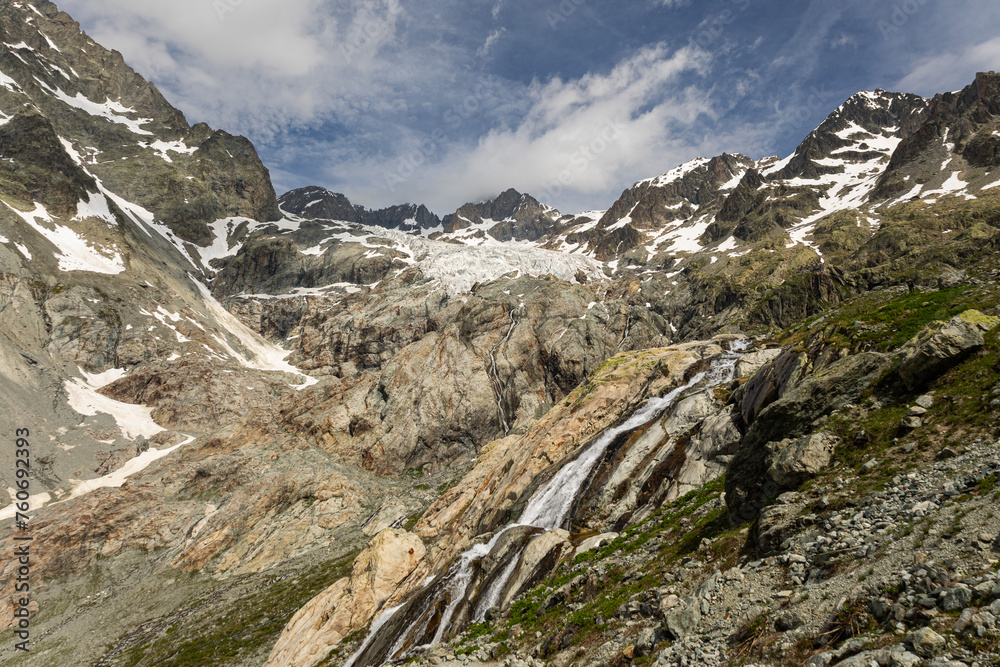 Waterfall valley and alpine glacier