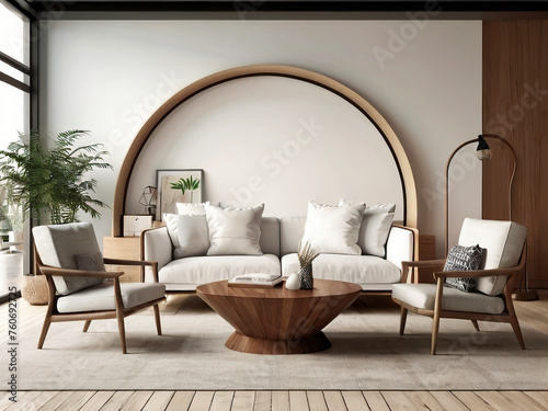 living room interior mockup, modern furniture and decorative arch with trendy dried flowers with white sofa and armchair on the White Background