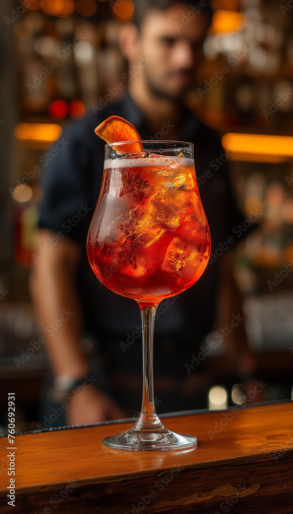 Barman , aperol spritz normal size , orange tone, wood orange background Barman , aperol spritz normal size , orange tone, wood orange background