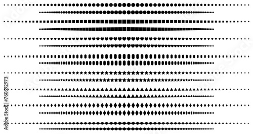 Lines transition from big to small with different forms, aligned round dots, squares stars diamonds hearts, minimal simple lines