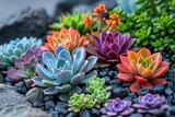 Beautifully arranged succulent garden with a variety of colorful plants nestled among smooth river stones.