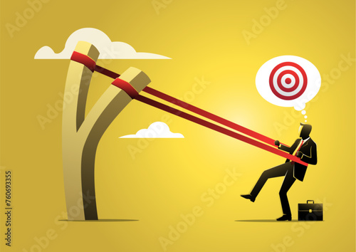 Businessman in a slingshot ready to launch to target stock illustration