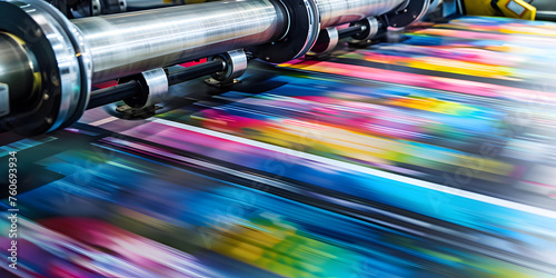 Roll offset print machine in a large print shop for production,Modern printing press produces multi colored printouts accurately.
 photo