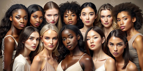 A diverse group of beautiful women with natural beauty and glowing smooth skin. Portrait of many attractive female fashion models with great skincare of all races, tones, and style, Generative AI