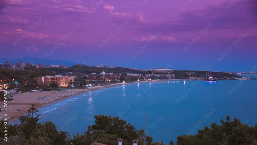 Travel Turkey. Sunset View Timelapse Above Mediterranean Coast Of Antalya And Alanya. Violet Sky Above Turkish Riviera Or Turquoise Coast. Dusk Time Lapse. Magic Evening Sky. Alanya, Antalya Province. Travel Turkey. Sunset View Timelapse Above Mediterranean Coast Of Antalya And Alanya. Violet Sky Above Turkish Riviera Or Turquoise Coast. Dusk Time Lapse. Magic Evening Sky. Alanya, Antalya Province.
