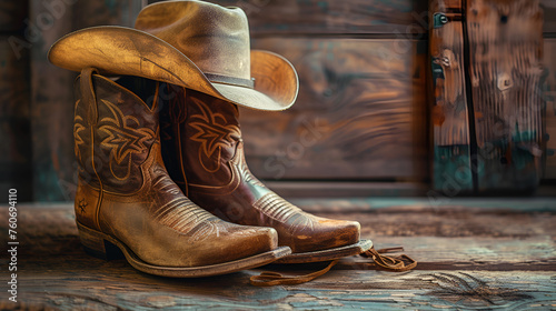 Wild West retro cowboy hat and pair of old leather boots on wooden floor.. generative ai 