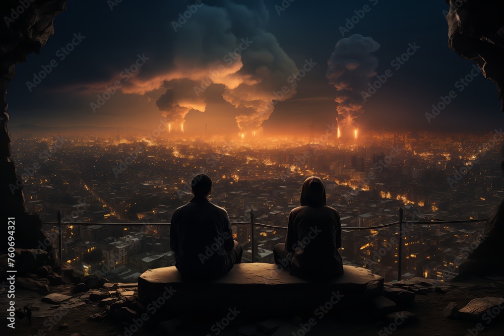 Couple viewing dystopian city destruction