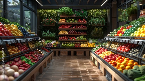 Vibrant produce aisle in modern grocery. fresh vegetables on display. healthy food shopping concept. sustainable lifestyle choice. organic market section. AI