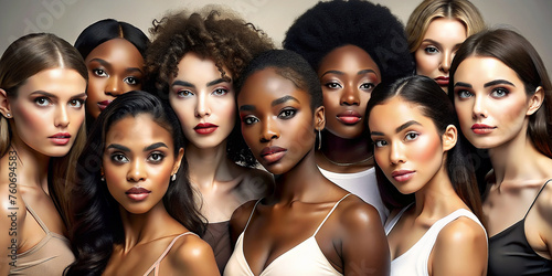 A diverse group of beautiful women with natural beauty and glowing smooth skin. Portrait of many attractive female fashion models with great skincare of all races, tones, and style, Generative AI