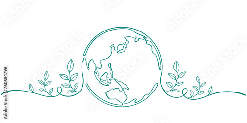 earth globe with green leaves line art style vector illustration, earth day, environment day illustration photo