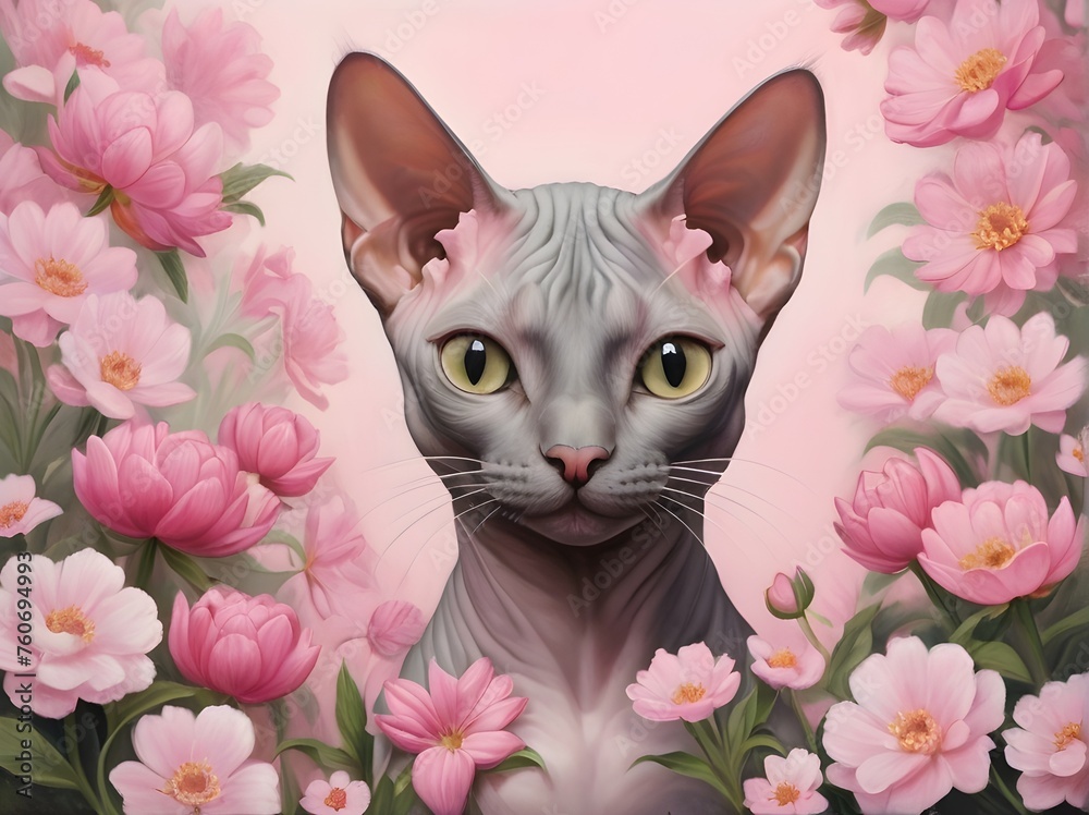 Fototapeta Painting of a hairless cat surrounded by pink flowers. Illustration. Generative AI