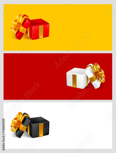 Set of holiday design templates with 3d realistic open gift box on various background. Perfect for advertising banner, sale announcement, birthday, anniversary celebration etc. Vector illustration