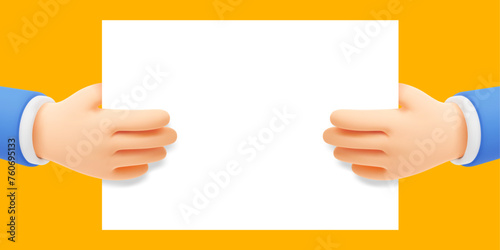 Businessman hands holding big white card or paper sheet. 3d realistic vector illustration