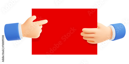 Businessman hand holding big red card or paper sheet and points at him with his other hand. Empty space for text. 3d realistic vector illustration