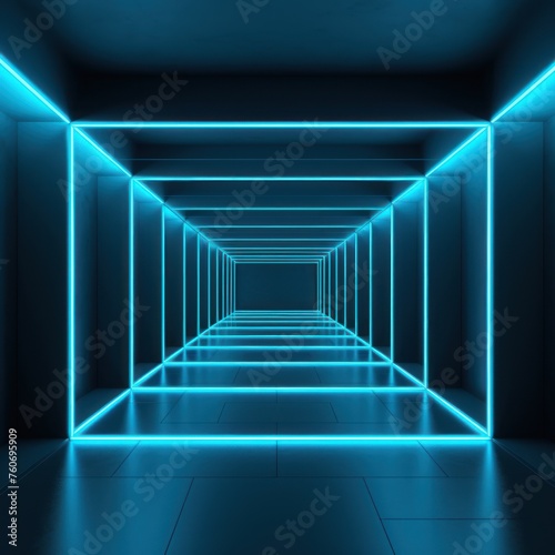 Cyan neon light in an empty dark room, in the style of luxurious geometry