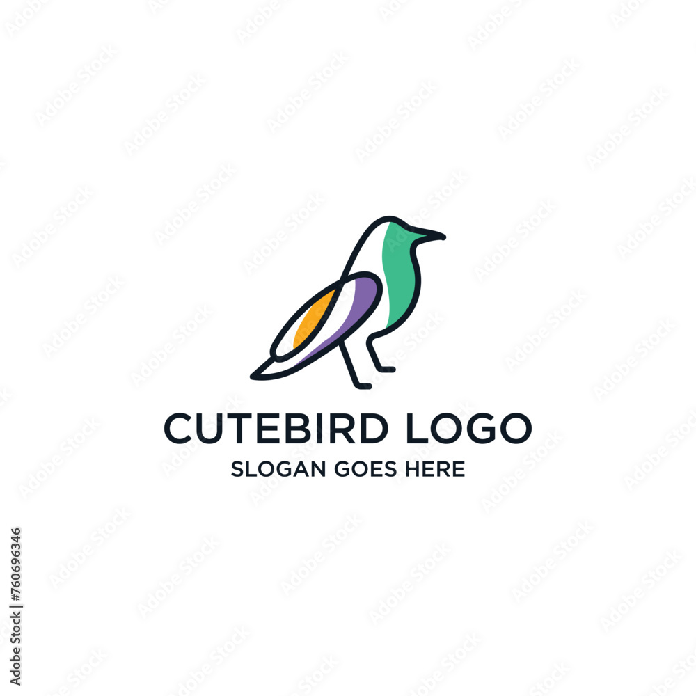 Vector line art of abstract colorful hummingbird, Colibri wall art design, minimal bird line logo icon illustration isolated on white background