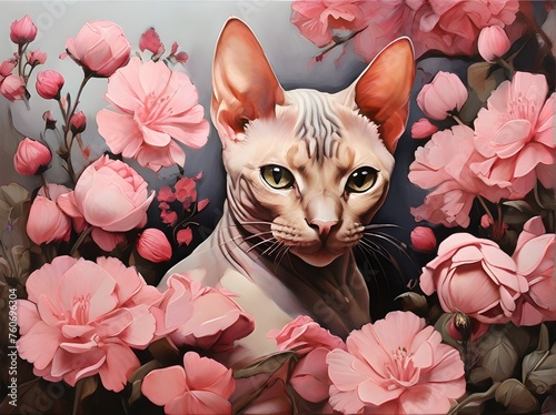 Painting of a hairless cat surrounded by pink flowers. Illustration. Generative AI