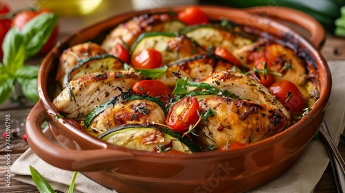 Baked zucchini with chicken  cherry tomatoes and herbs in a ceramic pot