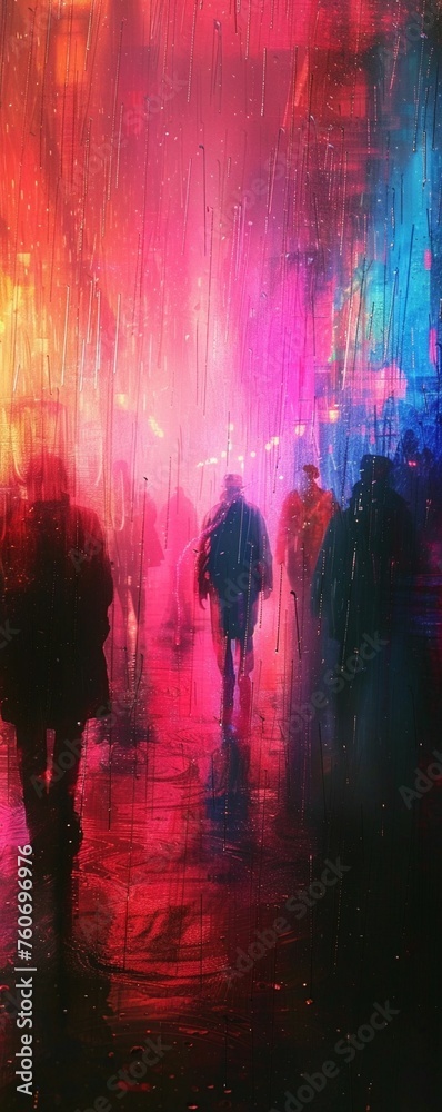 Android assistant, humanoid features, surrounded by conflicted humans, raining neon lights, photographic, Rembrandt lighting