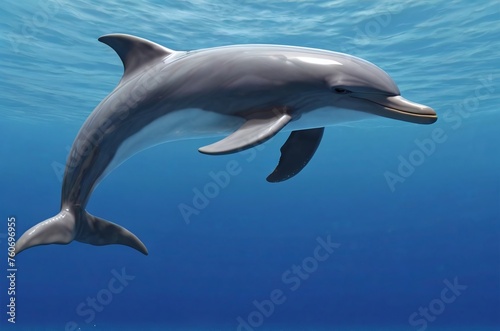 Image of a cute dolphin swimming on the surface of a blue ocean © irfan