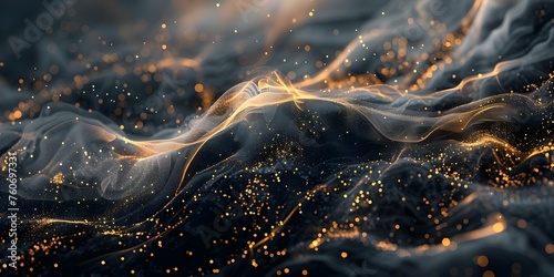 Abstract dark ink water splash with shimmering gold particles and vapor cloud. Concept Dark Ink Water Splash, Shimmering Gold Particles, Vapor Cloud, Abstract Art photo