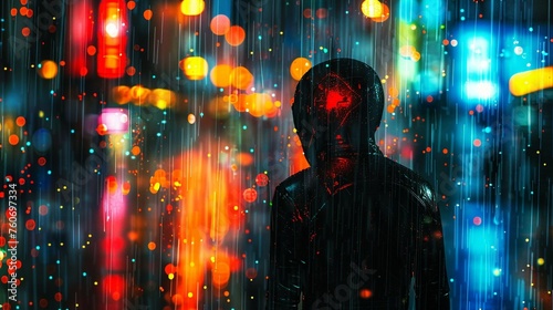 Robot, metallic skin, lost in a digital landscape, neon cityscape under heavy rain, futuristic, photography, silhouette, chromatic aberration