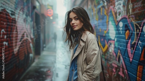 Snow White, Casual attire, Tech-savvy influencer, Posing in a vibrant urban graffiti alley, Foggy morning, Realistic, Rembrandt photo