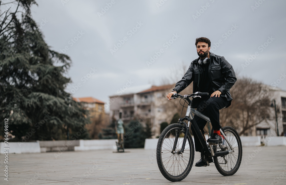 Elegant male business entrepreneur riding a bike in the city, exemplifying sustainable business commute. Elegant male business entrepreneur riding a bike in the city, exemplifying sustainable business commute.