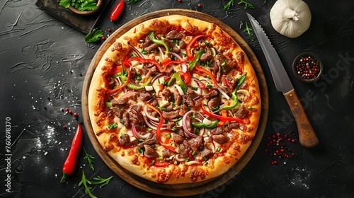 Philly cheesesteak pizza with peppers and onions in a dynamic urban style