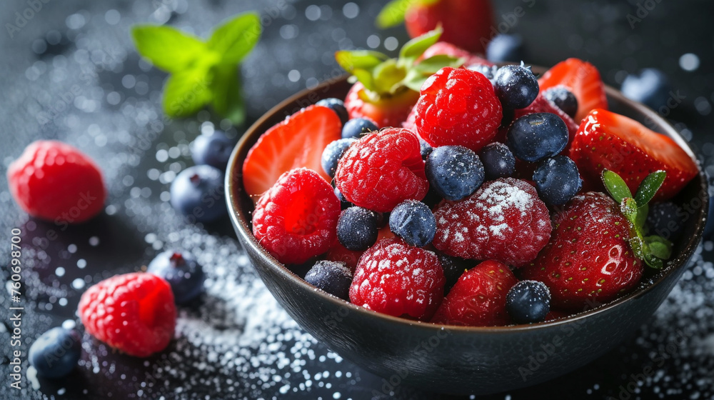 A bowl of fresh strawberries, raspberries, and blueberries, sprinkled with powdered sugar. A bowl of fresh strawberries, raspberries, and blueberries, sprinkled with powdered sugar.