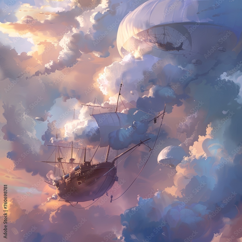 A dreamy and whimsical scene of cotton clouds surrounding an airship - obrazy, fototapety, plakaty 