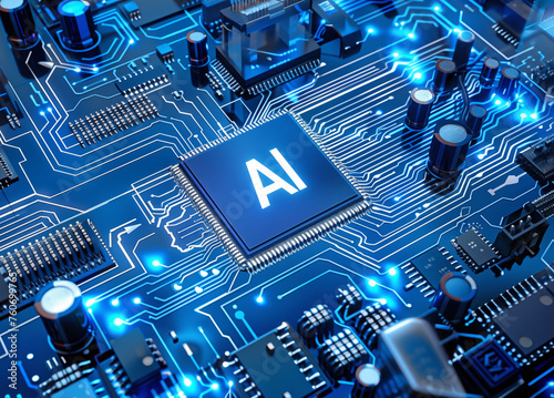 High-tech chip on complex printed-circuit board - AI concept © dkimages
