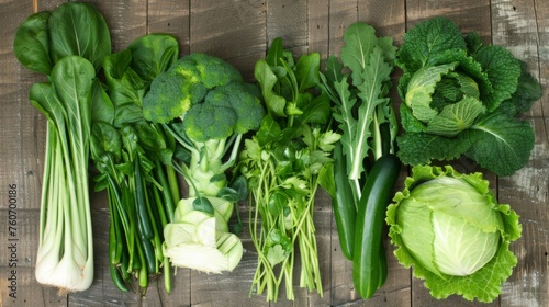 Assortment of green vegetables on a wooden surface. Eco-friendly healthy food photo