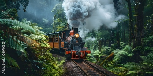 Steam train passing through lush forest on tracks. Concept Nature, Transportation, Steam Train, Tracks, Lush Forest